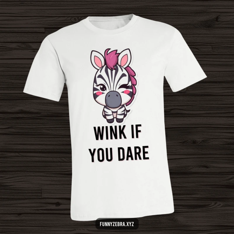 Funny t-shirt with a stylized zebra shape giving a confident, mischievous wink, implying playful secrets.