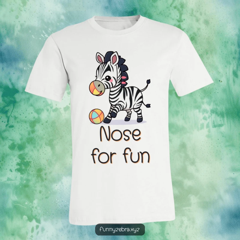 Comfortable t-shirt showcasing a funny zebra silhouette in the act of nose-bouncing a colorful ball.
