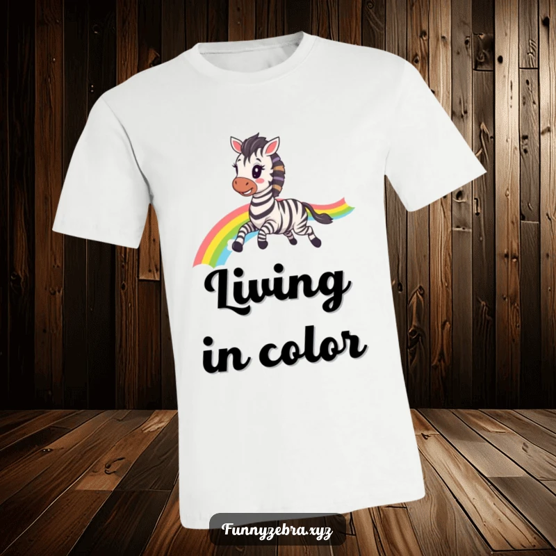 Funny Kawaii Zebra T-Shirt: A happy, galloping zebra creating a vivid rainbow trail, embodying fun and humor in a colorful design.