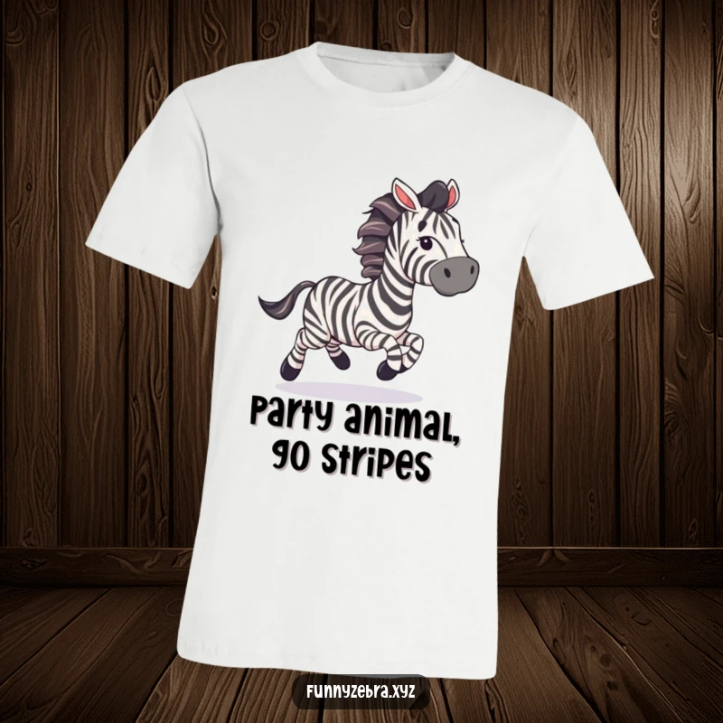 Funny T-Shirt: A zebra gallops with streamers, conveying funny, unbridled joy and a festive party atmosphere.