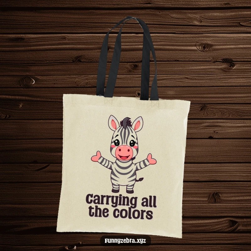 Funny tote bag with a happy zebra greeting a bright rainbow, arms open wide in a warm, welcoming pose.