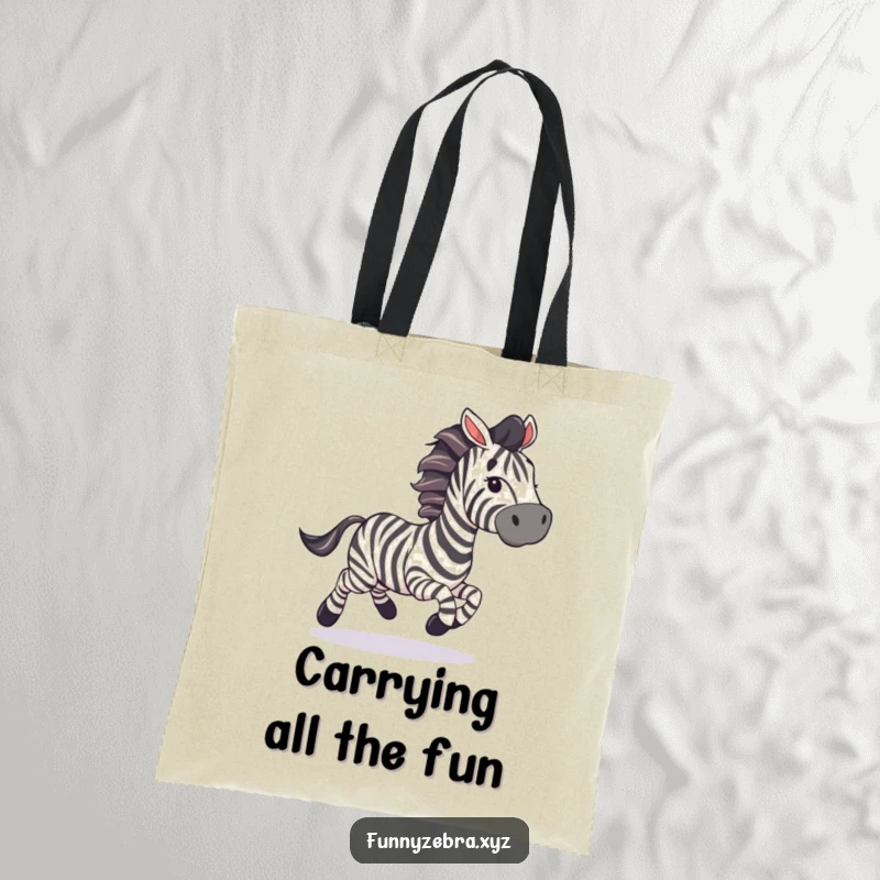 Funny Tote Bag: A zebra gallops with streamers, a humorous and festive accessory for carrying party essentials.