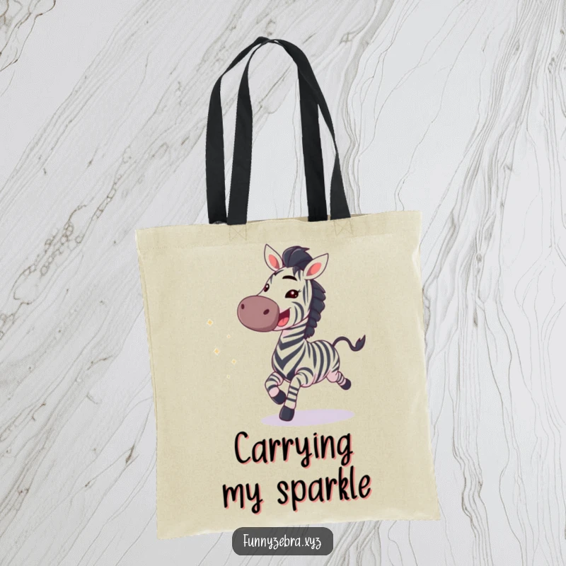 Durable tote bag featuring a funny galloping zebra with a wide grin and a trail of shimmering sparkles.