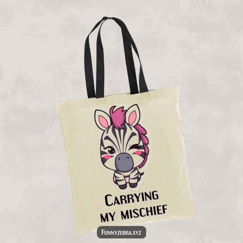 Funny tote bag featuring a stylized zebra shape with a distinct, mischievous wink and a hint of a secret smile.