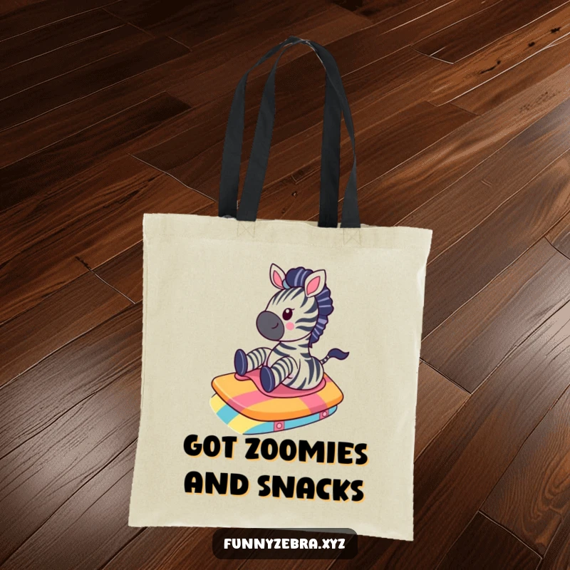 Funny Kawaii Zebra Tote Bag: A cute zebra gleefully slides down a vibrant ramp, showcasing a fun and humorous travel companion.
