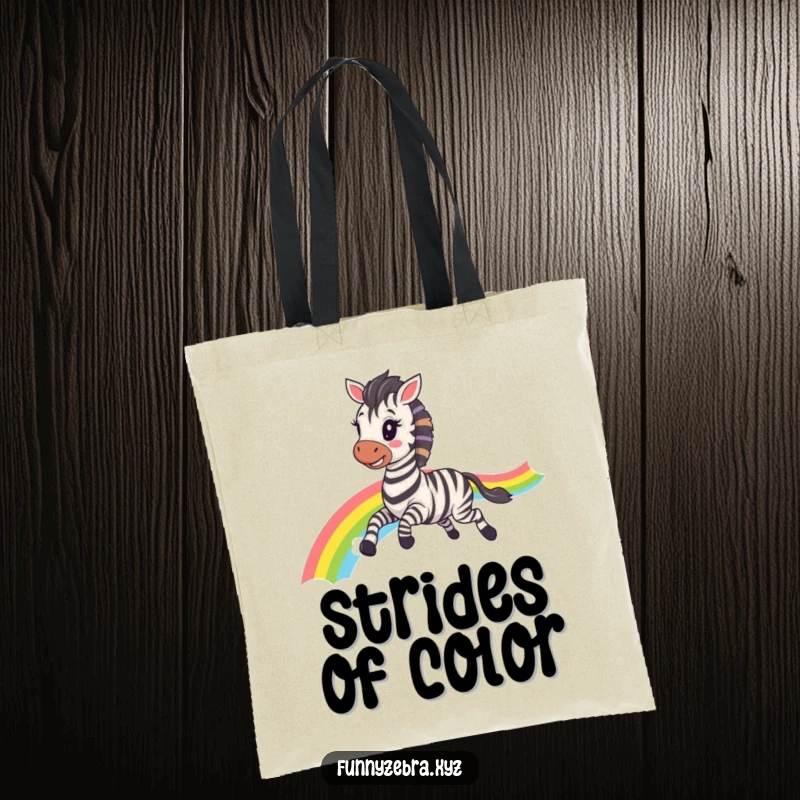 Funny Kawaii Zebra Tote Bag: Durable and cute bag featuring a happy zebra galloping with a rainbow trail, perfect for funny errands.